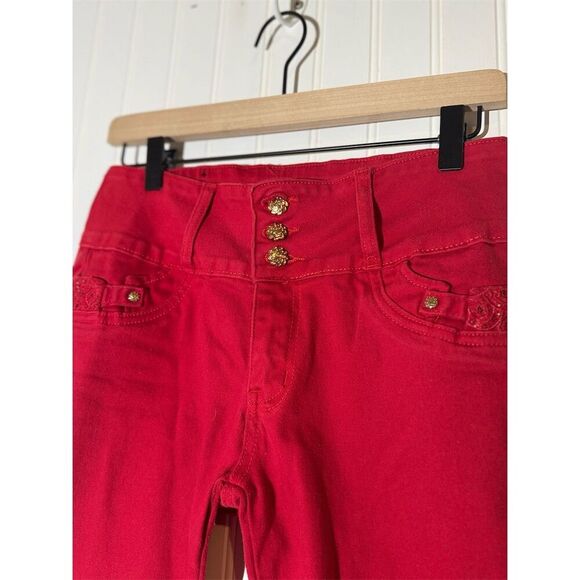 ModaXpress Y2K Red Cropped Pants Sz 13 Lace-Up Gold Button Streetwear Baddie - Picture 2 of 11